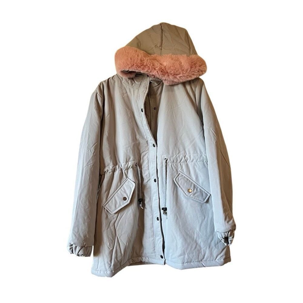 Pink Fur Trim Hood Gray Parka Jacket Drawstring waist L